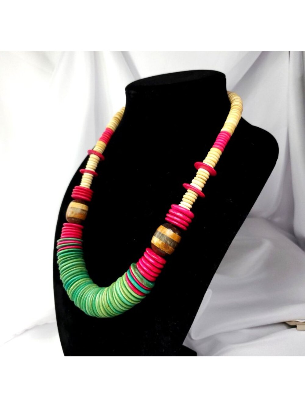 VTG Chunky Wooden Necklace Multicolor Disk Beads Boho Hippie jewelry Green Pink - Picture 3 of 10